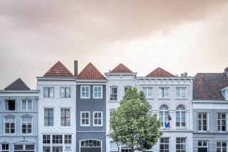 Dutch architecture with pink sky